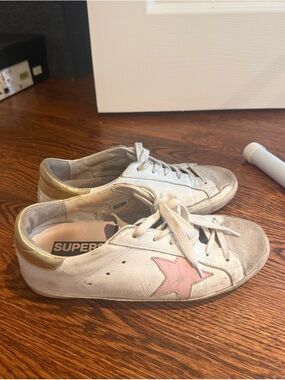 Golden Goose White Sneakers with Pink Star and Gold Heel